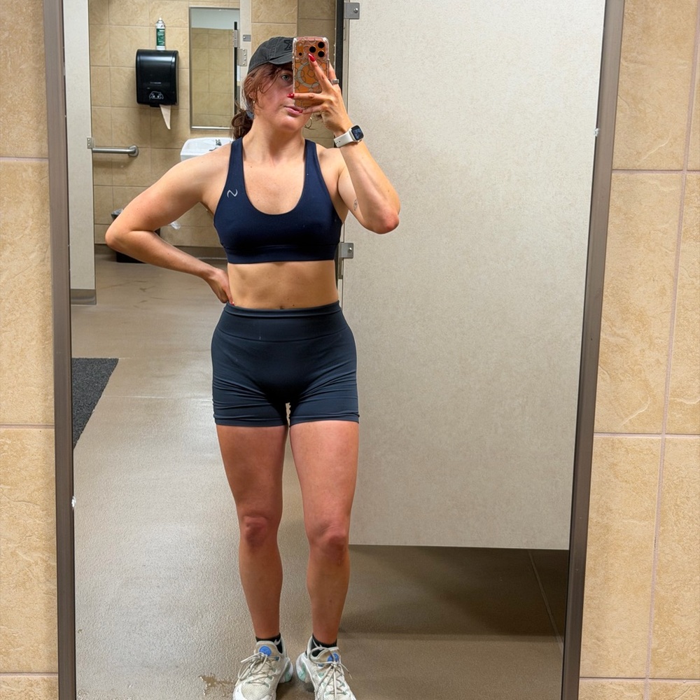 TLF strappy sports bra and cosmic seamless scrunch butt shorts